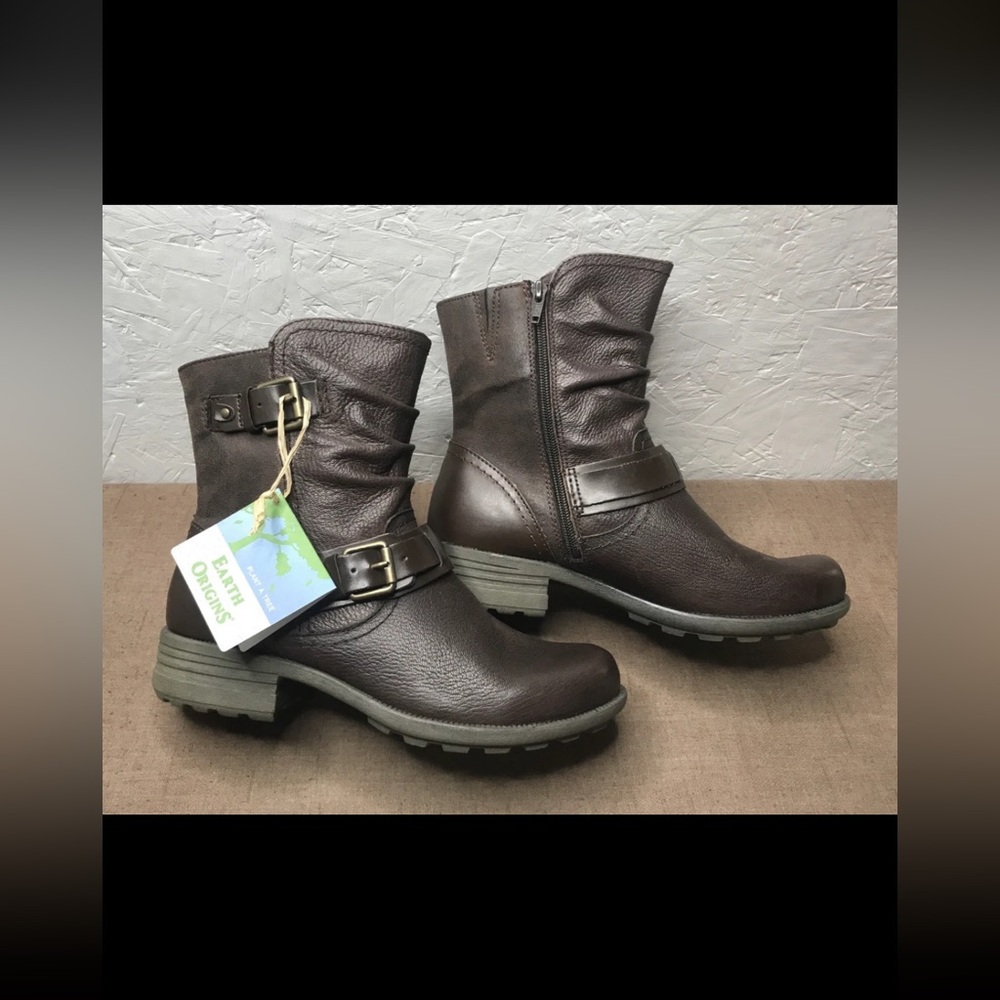 New Earth Origins Patrice Women's Biker Boots Brown Leather Side Zip Size 10M